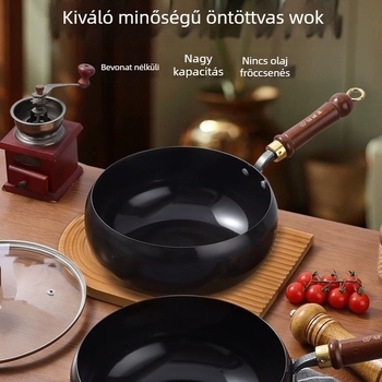 Tradicionális nagy hasú wok, kézzel készített, vastagodott és mélyebb kialakítású, bevonat nélküli serpenyő