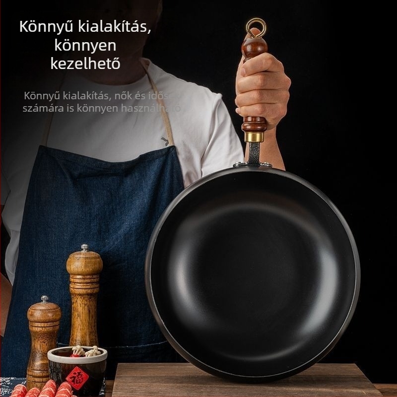 Tradicionális nagy hasú wok, kézzel készített, vastagodott és mélyebb kialakítású, bevonat nélküli serpenyő