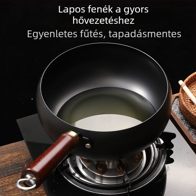 Tradicionális nagy hasú wok, kézzel készített, vastagodott és mélyebb kialakítású, bevonat nélküli serpenyő