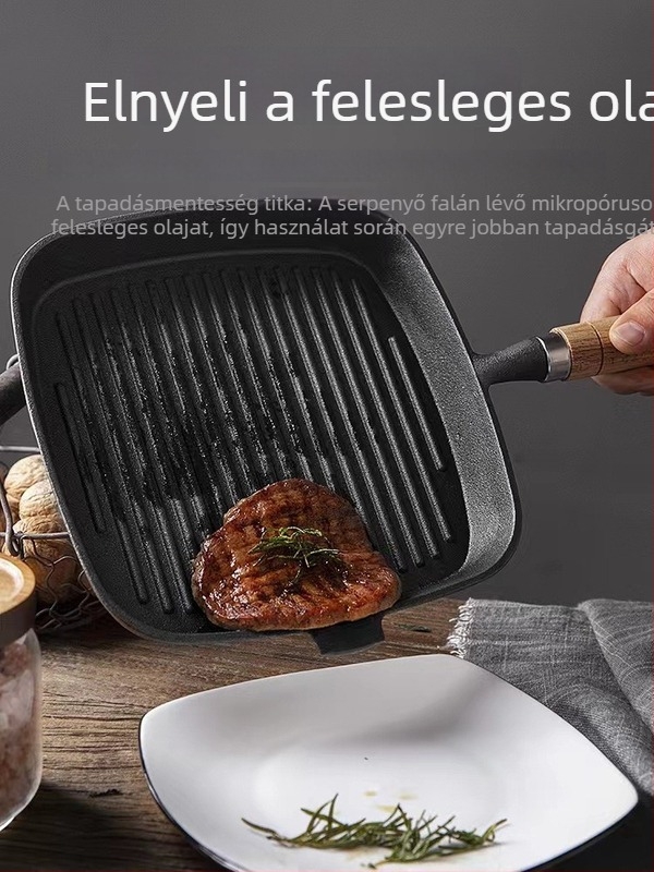 Bevonat nélküli vasból készült steak serpenyő fa nyéllel, bordázott, négyszögletes, sík aljzattal, egészséges konyhai eszköz