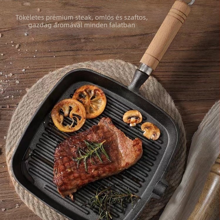 Bevonat nélküli vasból készült steak serpenyő fa nyéllel, bordázott, négyszögletes, sík aljzattal, egészséges konyhai eszköz