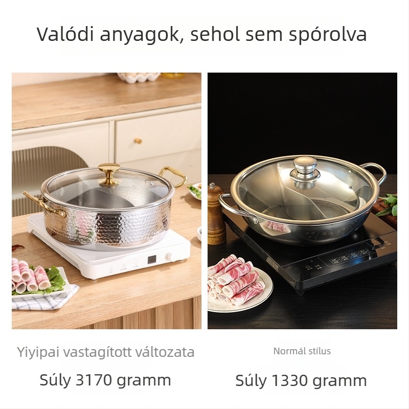 Vastagított élelmiszer-minőségű 316L rozsdamentes acél leveses fazék otthoni használatra, öt rétegű aljzattal, 32 cm-es átmérő, 2,1–3 L kapacitású, indukciós tűzhelyhez.