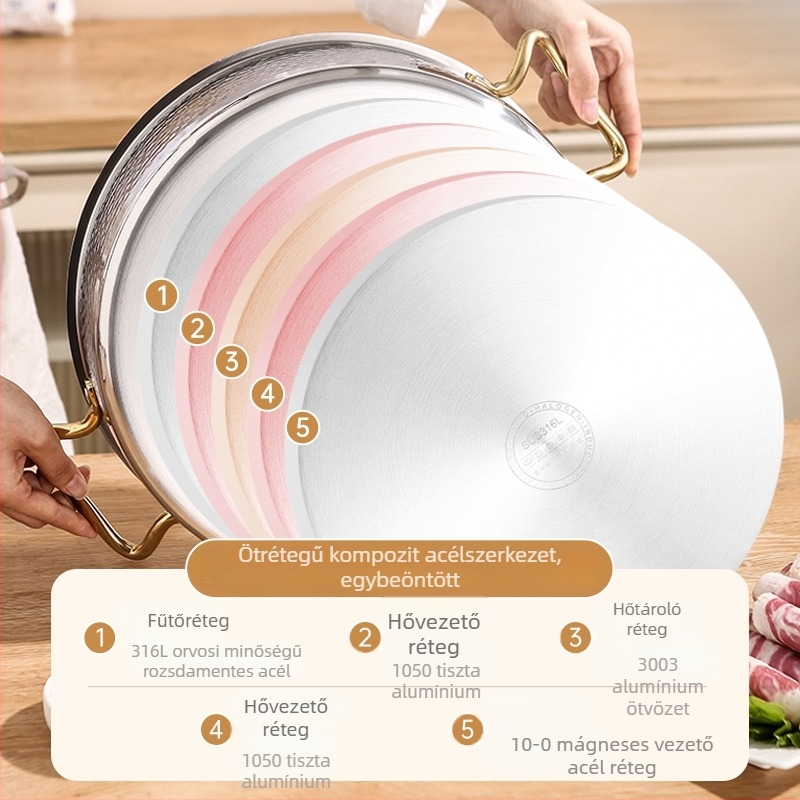 Vastagított élelmiszer-minőségű 316L rozsdamentes acél leveses fazék otthoni használatra, öt rétegű aljzattal, 32 cm-es átmérő, 2,1–3 L kapacitású, indukciós tűzhelyhez.
