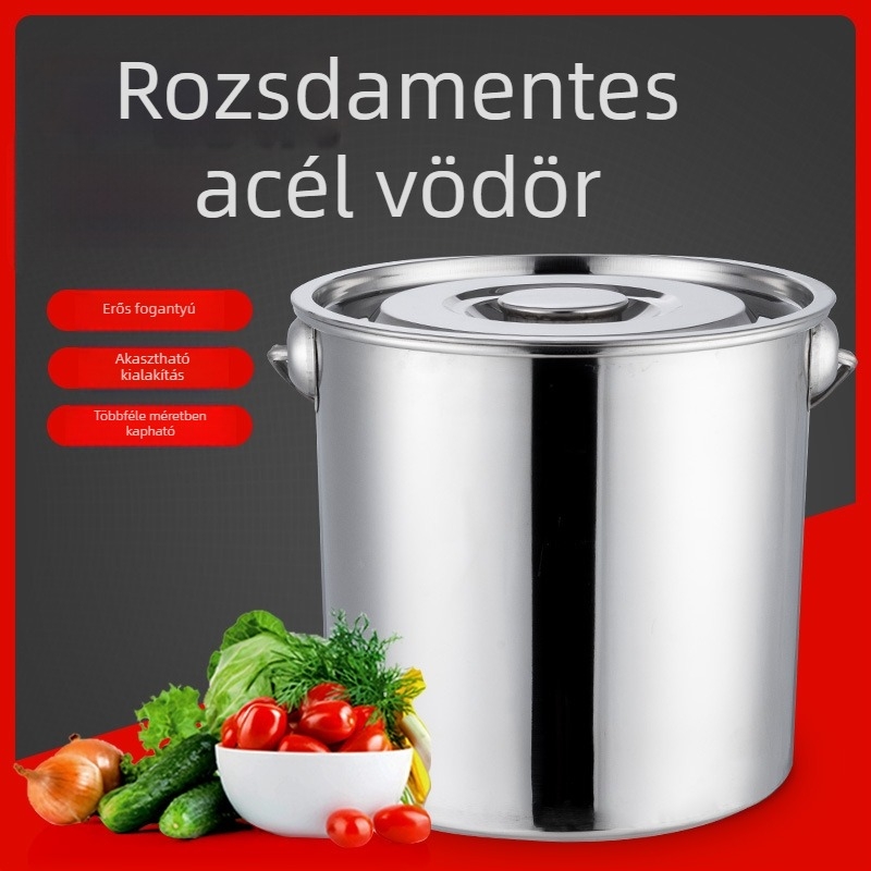 Rozsdamentes acélból készült, fedeles, nagy kör alakú vödör, többfunkciós – jéghez, vízhez, szójatejhez, leveshez és rizshez