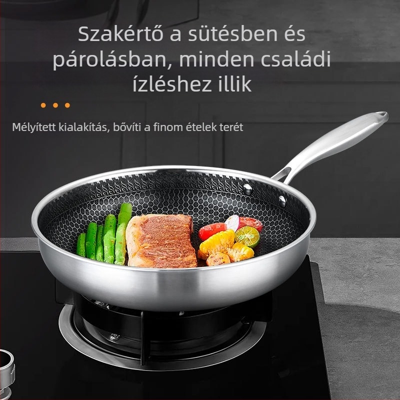 304 rozsdamentes acélból készült serpenyő, háromrétegű konstrukció és vastag alj, tapadásgátló bevonat méhsejt mintával, tojás és steak készítéséhez