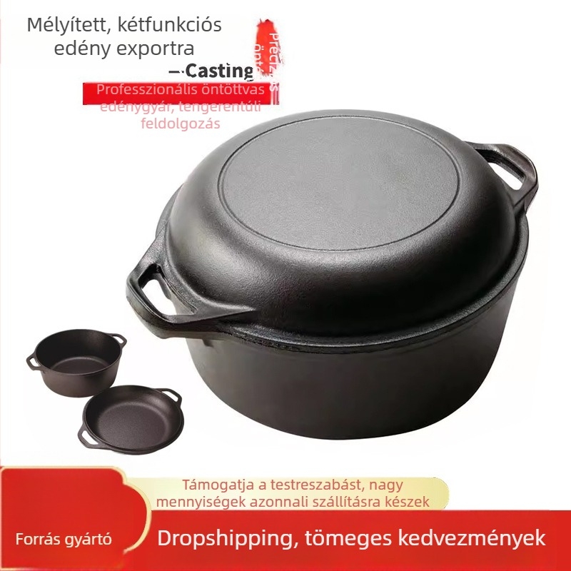 26 cm-es mély vasfazék két fogantyúval – többfunkciós edény sütéshez, pirításhoz és pároláshoz, 3,1–4 L