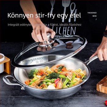 304 rozsdamentes acél serpenyő, sík aljzattal, háromrétegű alj, üvegfedő, tapadásmentes, méretek 32–34/36 cm
