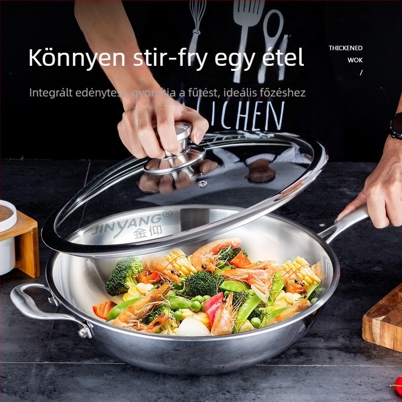 304 rozsdamentes acél serpenyő, sík aljzattal, háromrétegű alj, üvegfedő, tapadásmentes, méretek 32–34/36 cm