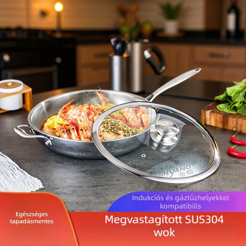 304 rozsdamentes acél serpenyő, sík aljzattal, háromrétegű alj, üvegfedő, tapadásmentes, méretek 32–34/36 cm