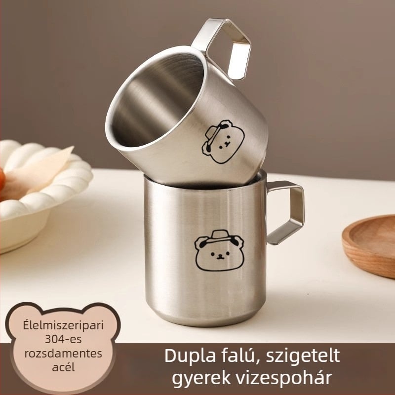 Gyerekeknek szóló rozsdamentes acél dupla falú pohár fogantyúval, karikatúra dizájnnal, esésálló, irodai kávés pohár