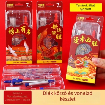 Hetes részes körző és vonalzó készlet vizsgákhoz, iskolai írószerek, tartalmaz 2B ceruzát, radírt és gél tollat
