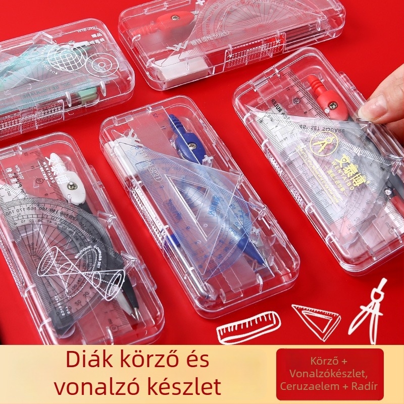 Hetes részes körző és vonalzó készlet vizsgákhoz, iskolai írószerek, tartalmaz 2B ceruzát, radírt és gél tollat