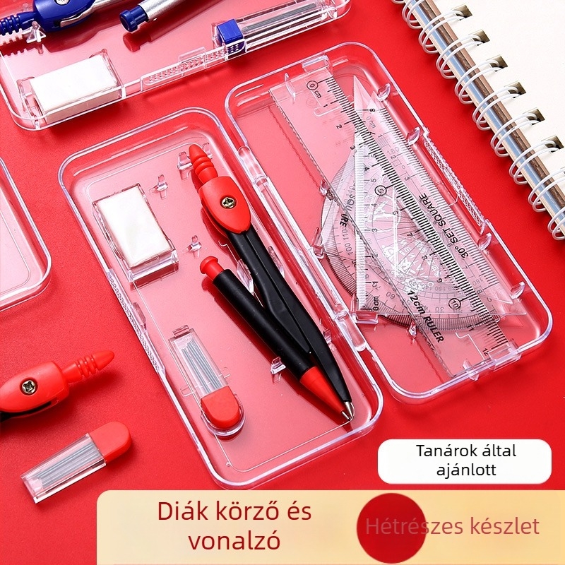 Hetes részes körző és vonalzó készlet vizsgákhoz, iskolai írószerek, tartalmaz 2B ceruzát, radírt és gél tollat
