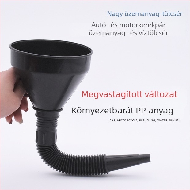 Autó- és motorkerékpár üzemanyag tölcsére szűrővel, injekciós öntésű, 145 mm, fekete