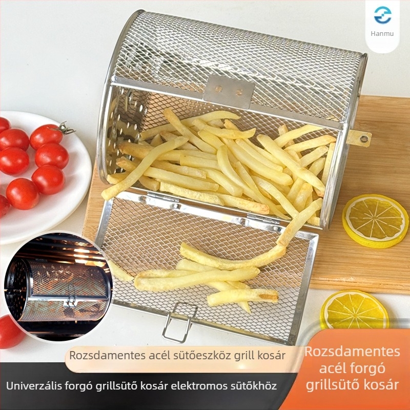 Rozsdamentes acélból készült forgó barbecue ketrec, cilindrikus grill-kiegészítő