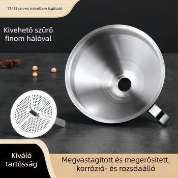Vastagított rozsdamentes acél tölcsér, nagy átmérő, szűrővel, olaj- és boröntéshez, borkanál.
