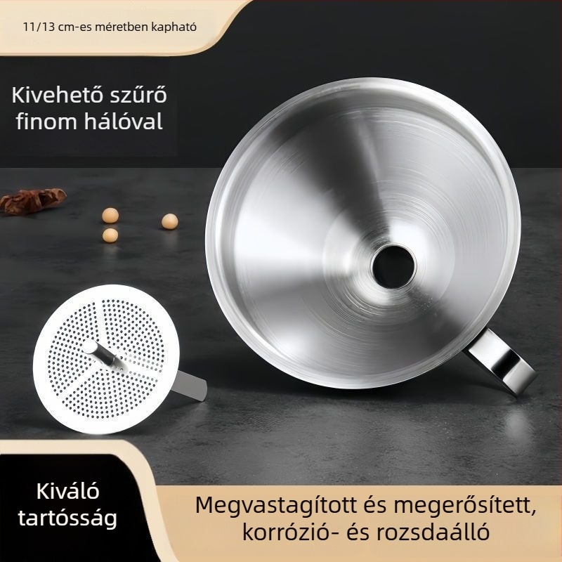 Vastagított rozsdamentes acél tölcsér, nagy átmérő, szűrővel, olaj- és boröntéshez, borkanál.