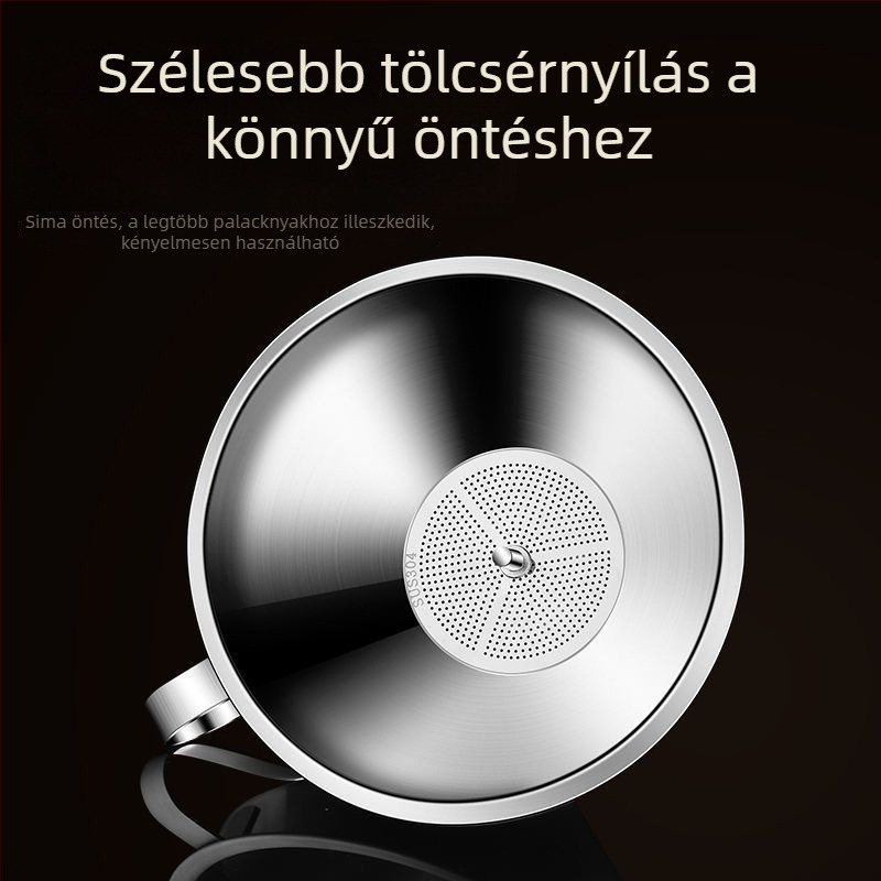 Vastagított rozsdamentes acél tölcsér, nagy átmérő, szűrővel, olaj- és boröntéshez, borkanál.