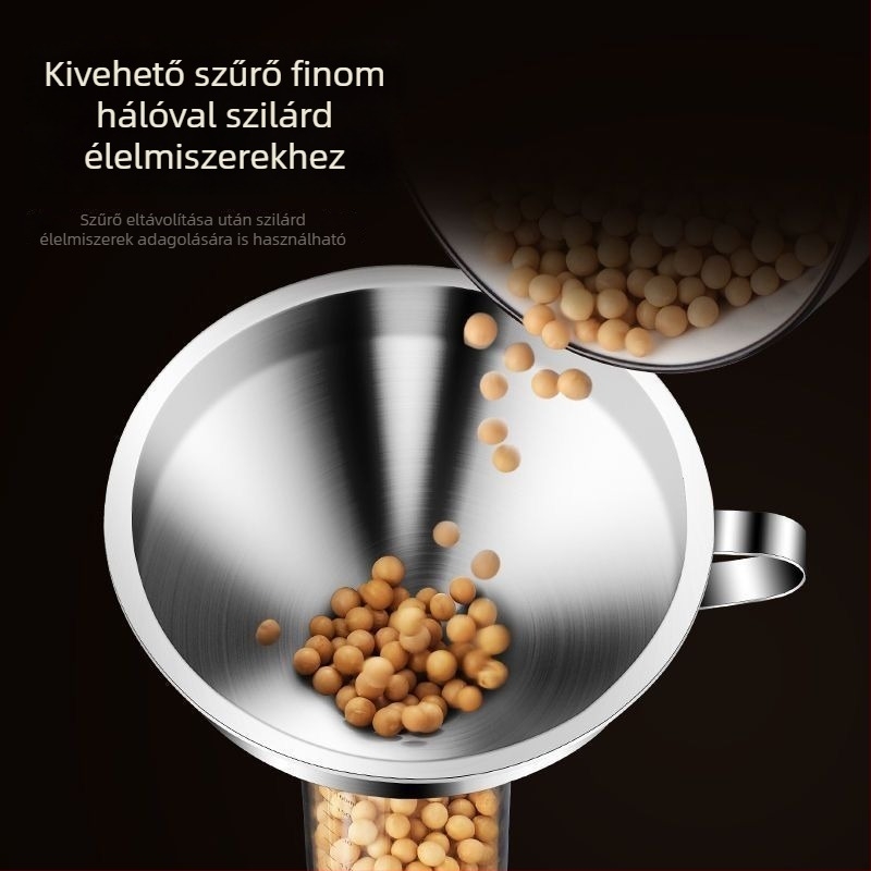 Vastagított rozsdamentes acél tölcsér, nagy átmérő, szűrővel, olaj- és boröntéshez, borkanál.