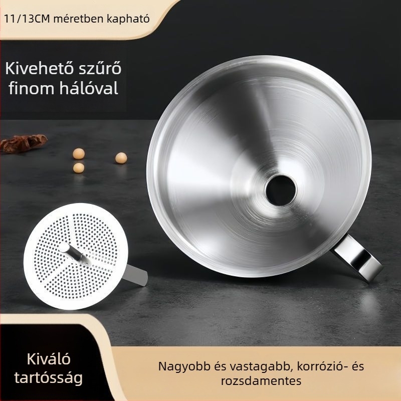 Vastagított rozsdamentes acél tölcsér, nagy átmérő, szűrővel, olaj- és boröntéshez, borkanál.
