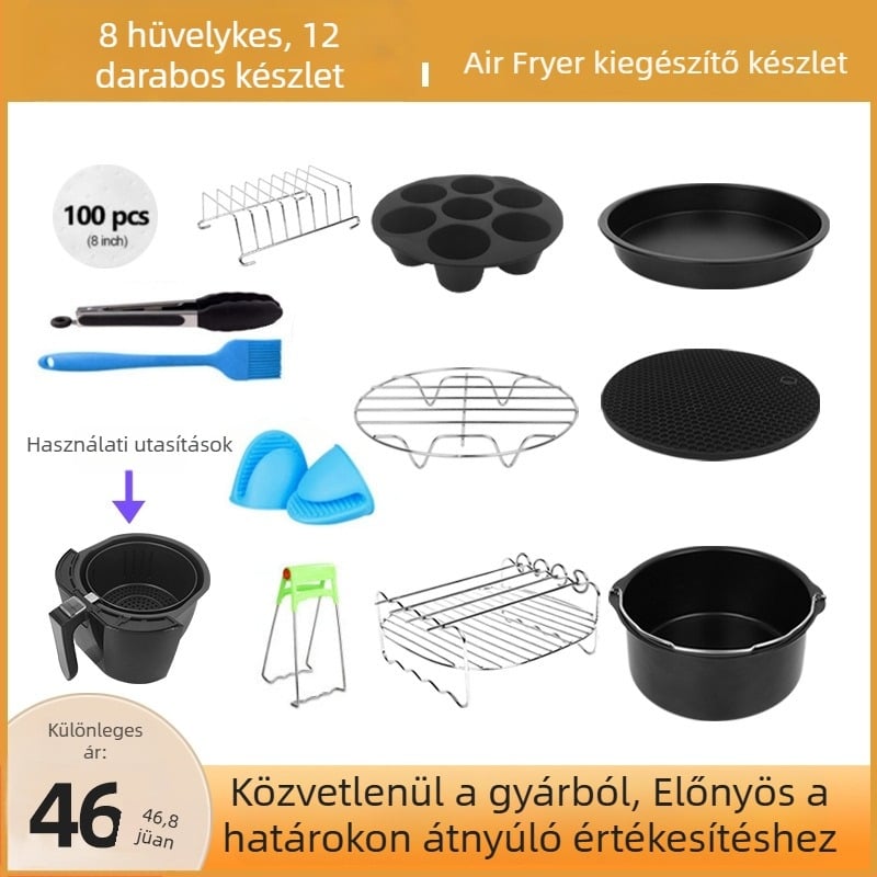 Légsütő kiegészítő készlet, 7/8 hüvelykes, 12 darab tortaformával és sütőeszközökkel, pizza tepsi