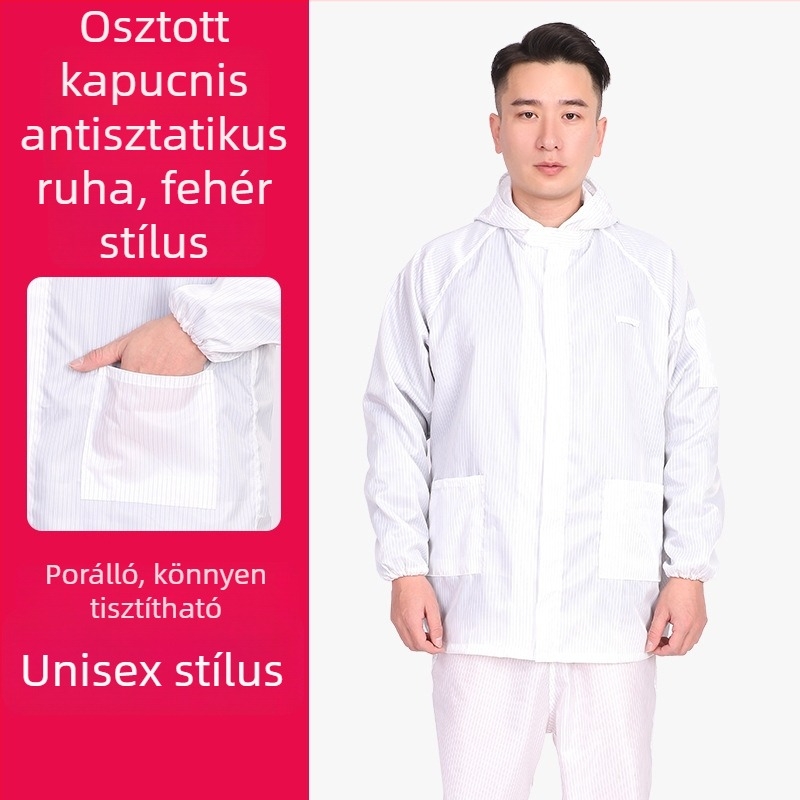 Kapucnis antistatikus védő overál gyárak és gyógyszeripari környezetekhez