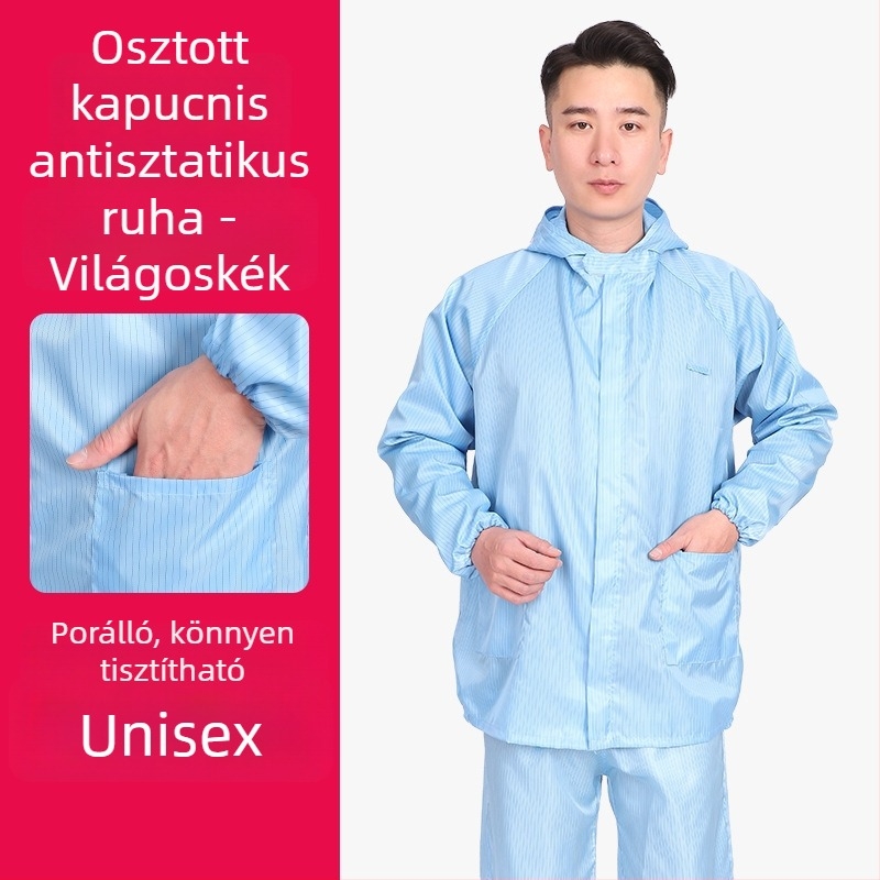 Kapucnis antistatikus védő overál gyárak és gyógyszeripari környezetekhez
