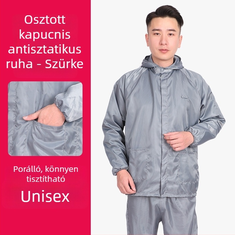 Kapucnis antistatikus védő overál gyárak és gyógyszeripari környezetekhez