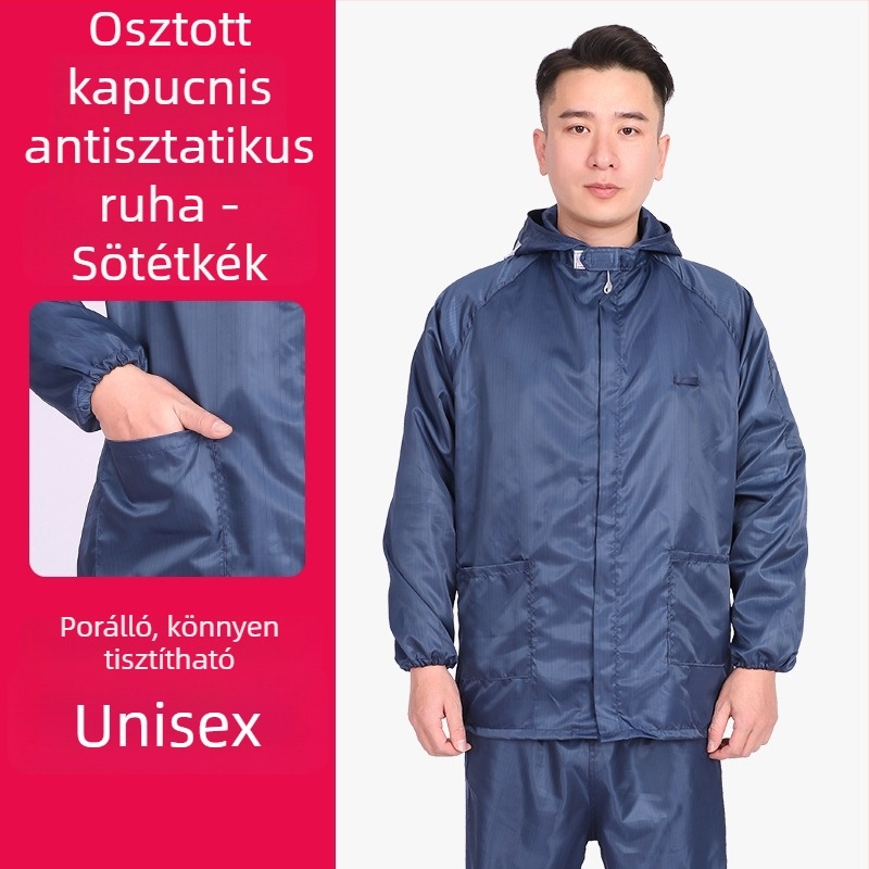 Kapucnis antistatikus védő overál gyárak és gyógyszeripari környezetekhez