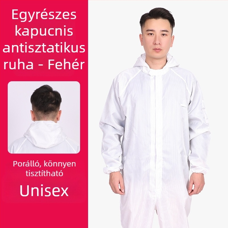 Kapucnis antistatikus védő overál gyárak és gyógyszeripari környezetekhez