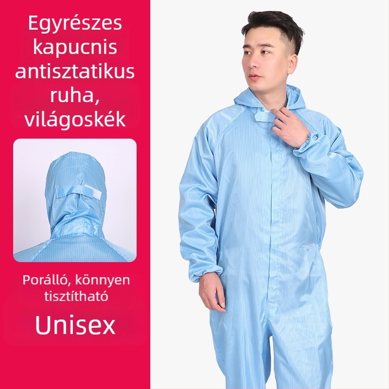 Kapucnis antistatikus védő overál gyárak és gyógyszeripari környezetekhez
