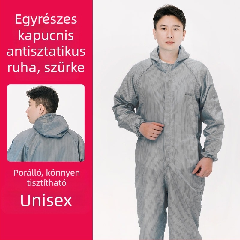 Kapucnis antistatikus védő overál gyárak és gyógyszeripari környezetekhez