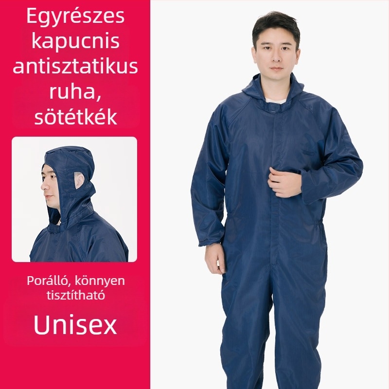 Kapucnis antistatikus védő overál gyárak és gyógyszeripari környezetekhez