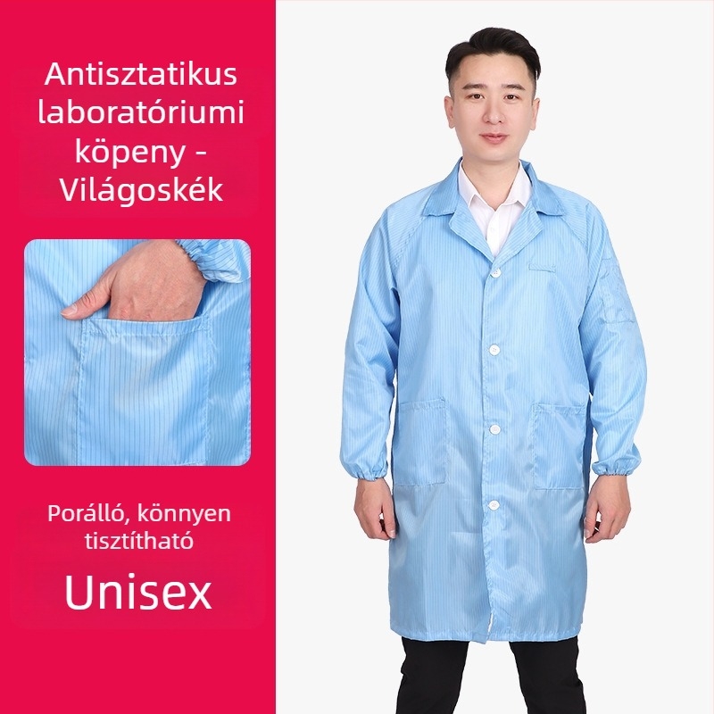 Kapucnis antistatikus védő overál gyárak és gyógyszeripari környezetekhez
