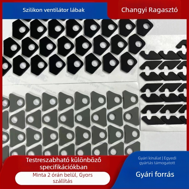 Fekete szilikon csúszásgátló párna számítógépház ventillátorához hálós textúrájú matt felülettel, fehér öntapadós kerek lábakkal