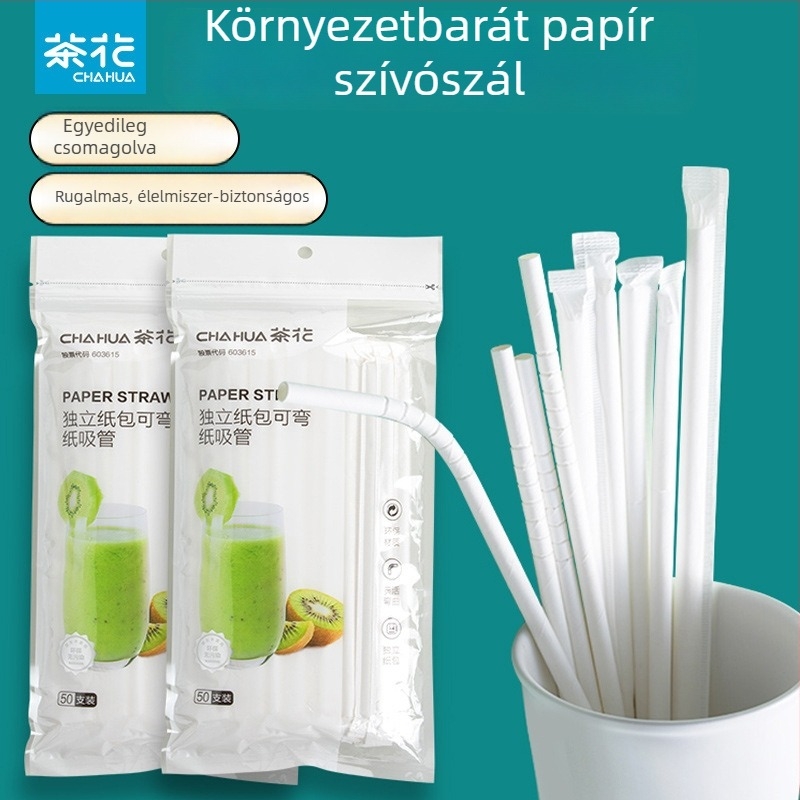 Camellia egyszer használatos papírszívó, egyedi csomagolás, hajlékony, lebomló papírból készült íves szívószál italokhoz és tejes teához