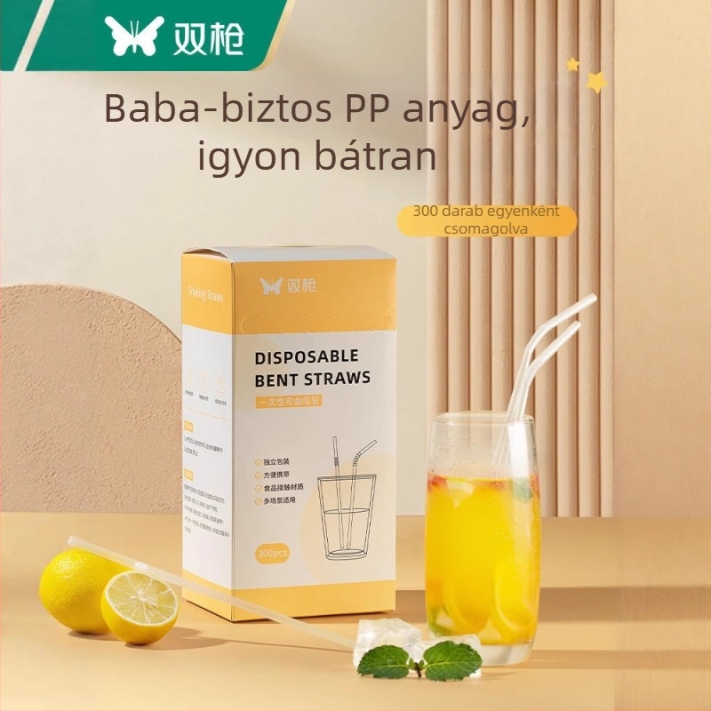 Double Gun egyszer használatos hajlított szívócső PP anyagból, egyedi csomagolásban, bubble tea-hez, kismamáknak és gyerekeknek