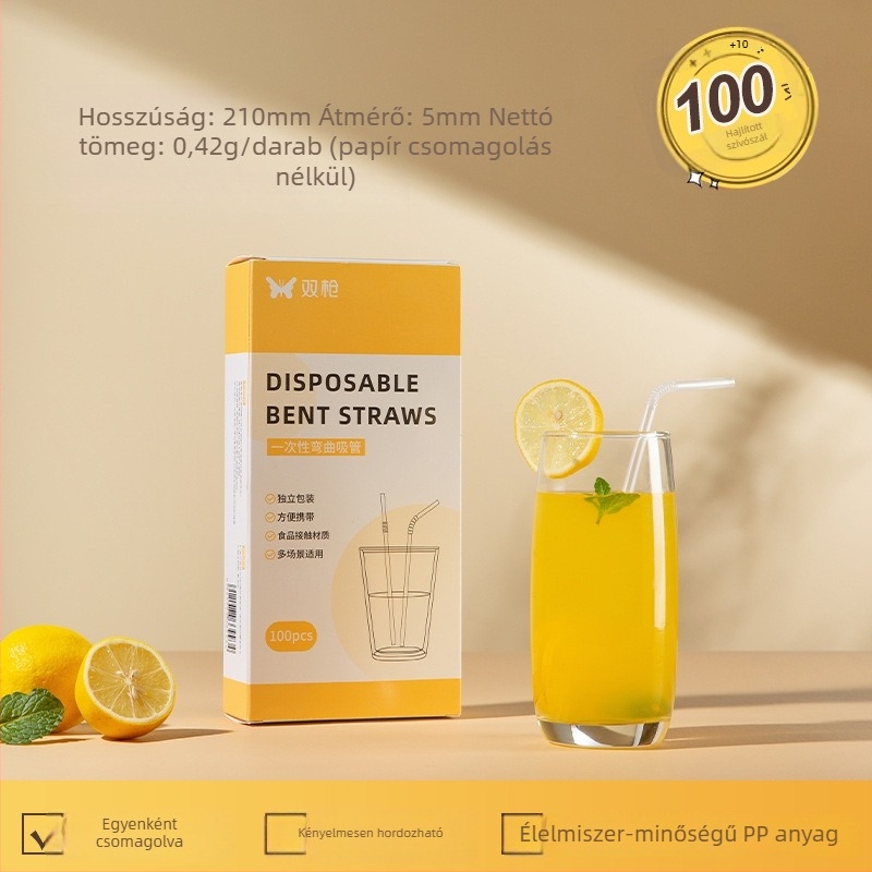 Double Gun egyszer használatos hajlított szívócső PP anyagból, egyedi csomagolásban, bubble tea-hez, kismamáknak és gyerekeknek
