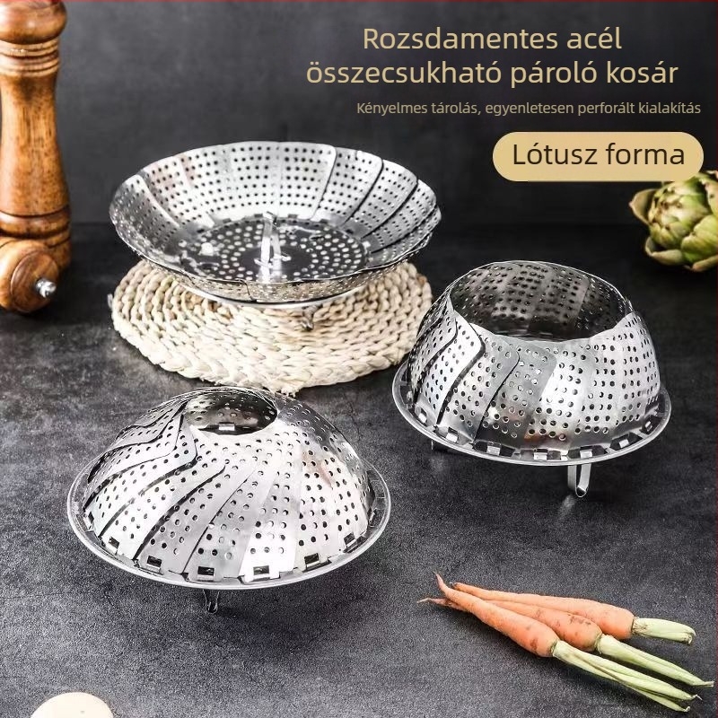 Rozsdamentes acélból készült összecsukható gőzölő tálca teleszkópos kialakítással, többfunkciós gyümölcskosár, otthoni használatra