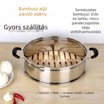 Rozsdamentes acélból készült univerzális pároló rács felmagasított vastagodott tálcával, alkalmas rizsfőzőhöz, wokhoz és gőzölő kosárhoz