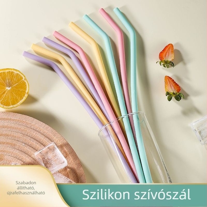 Nordic ívelt szilikon szívószál készlet, négy színű, négy darabos, magas hőállóság, könnyen tisztítható, mosogatógépben mosható