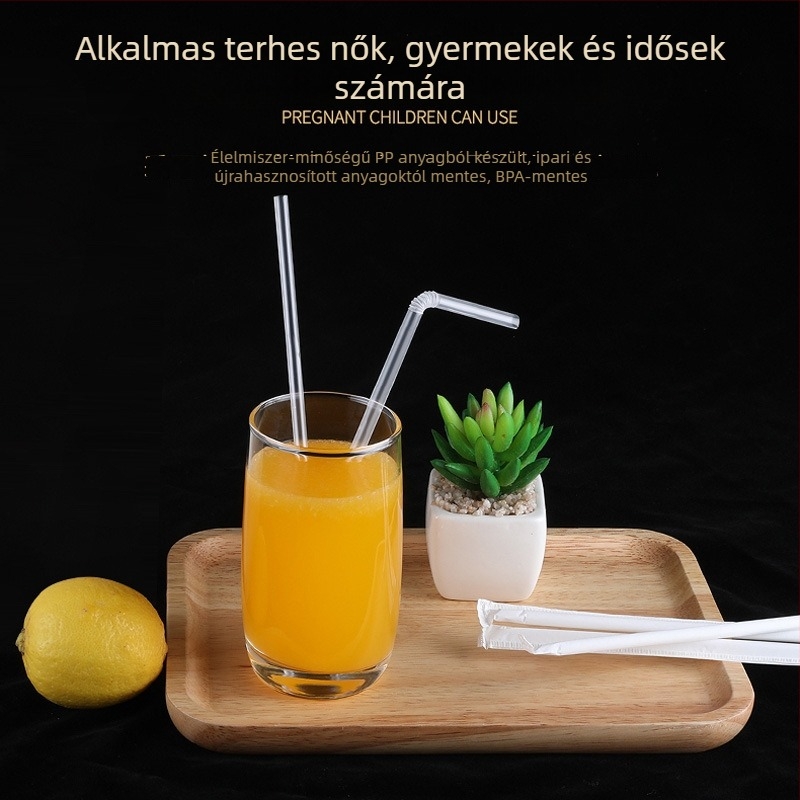 Egyszer használatos hajlított szívószálak gyerekeknek, várandós nőknek és a szülés utáni időszakra, átlátszó műanyag, papírral csomagolva, 200 darab