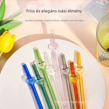 Átlátszó szív alakú boroszilikát üveg szívószálak, hőálló, egyenes csőből álló készlet, 2+1 darab