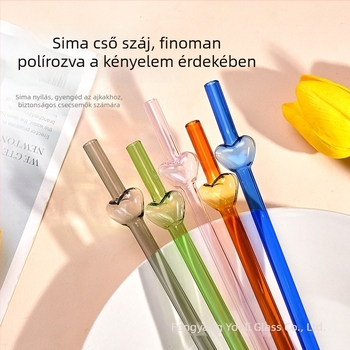 Átlátszó szív alakú boroszilikát üveg szívószálak, hőálló, egyenes csőből álló készlet, 2+1 darab