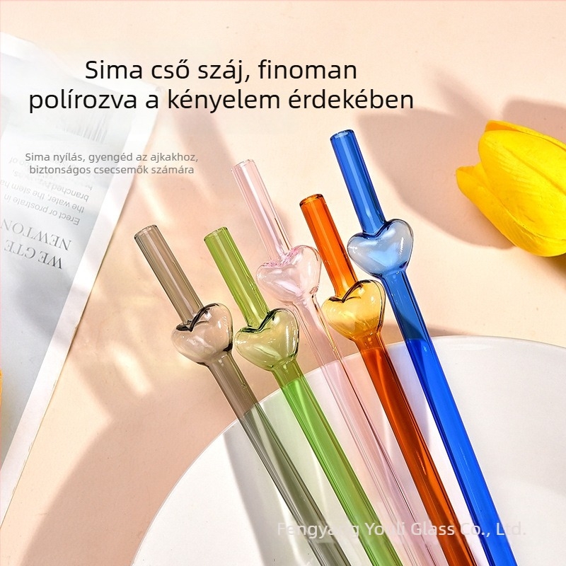 Átlátszó szív alakú boroszilikát üveg szívószálak, hőálló, egyenes csőből álló készlet, 2+1 darab