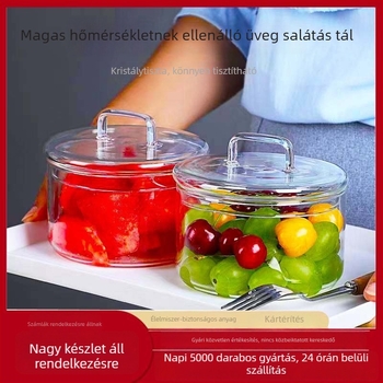 Magas boroszilikát üvegből készült salátás tál fedővel, tárolóedény és gabonatároló palack, 400 ml