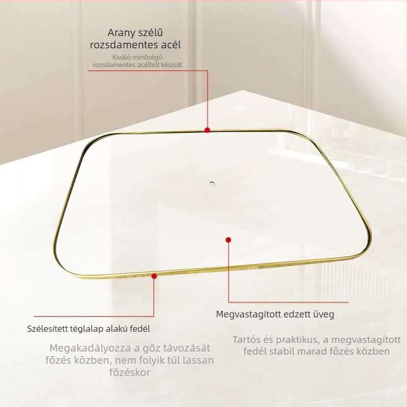 Téglalap alakú edényfedő temperált üvegből, arany keretes rozsdamentes acél kerettel