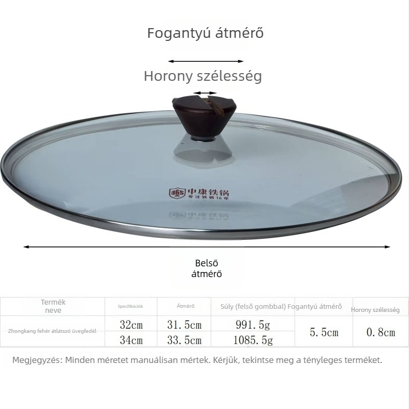 Zhongkang vasfedél vasfazékhoz, fehér átlátszó edzett üvegből, ütés- és hőálló, háztartási fedő