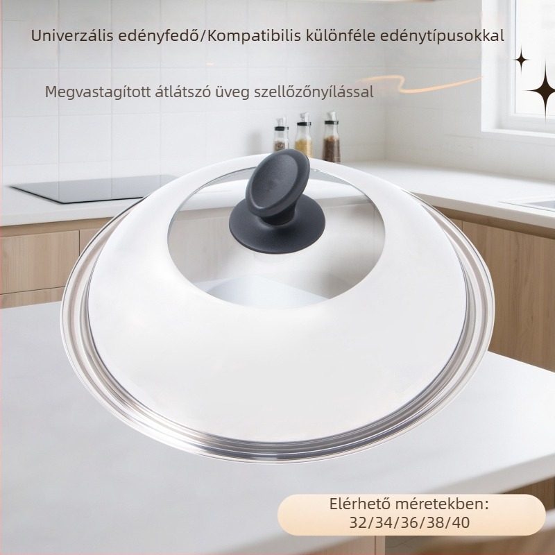 Rozsdamentes acél edényfedő edzett üveggel, átlátszó, univerzális méret 30–40 cm