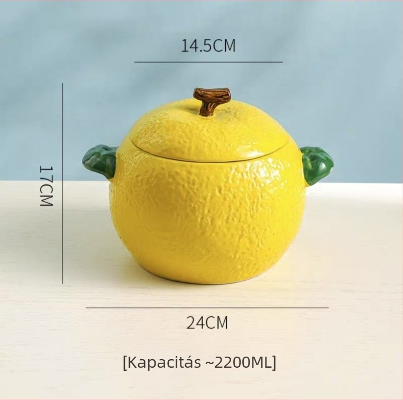 Citrom-stílusú kerámia levesestál fedővel, nagy kapacitású, kétfogantyúval, tészta- és levesek számára